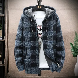 Stylish men's blue and black checkerboard hooded cardigan knit jacket with fleece lining