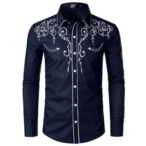 Men's navy blue long sleeve Western cowboy shirt with elegant white floral embroidery