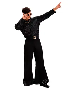 Full view of men's 70s disco performance outfit featuring flared pants and polka dot shirt