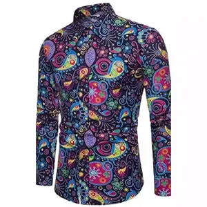 Men's Ethnic Paisley Print Long Sleeve Button Down Shirt Floral Pattern Slim Fit Casual Fashion Trendy Nightclub Top