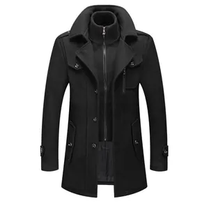 Detail of men's black business wool coat featuring stylish double collar and warm texture