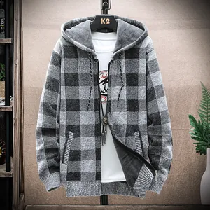 Men's grey and black buffalo plaid hooded knit cardigan jacket for spring and autumn.