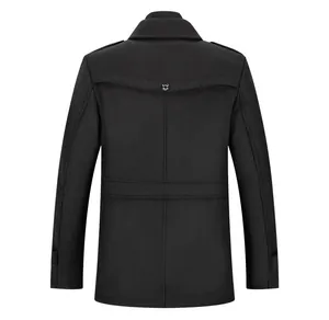 Back view of premium men's black wool business coat showing elegant collar detail and fit