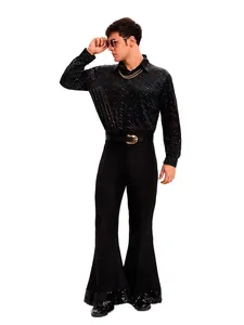 Retro 70s disco hippie cosplay costume for men featuring black flare pants and polka dot shirt