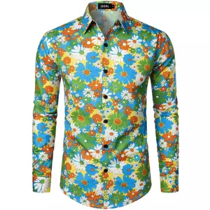 Vibrant men's long-sleeve casual shirt with colorful daisy floral pattern in blue and orange.