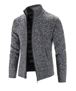 Giacca cardigan in maglia foderata in pile pesante da uomo con collo alto grigio