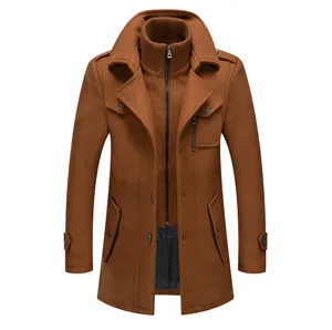 Detailed view of brown business wool coat for men with a stylish double collar design