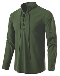 Detailed view of the lace-up Henley neckline on this green cotton linen shirt.