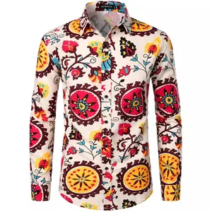 Men's fashionable long-sleeve ethnic floral print shirt in vibrant colors
