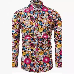 Men's vibrant floral print button-down long sleeve shirt in trendy ethnic style