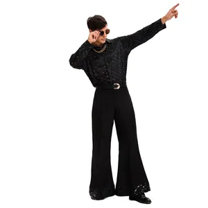 Retro Men Disco Hippie Costume Set 70s Halloween Cosplay Performance Outfit Printed Shirt And Bell Bottom Flared Pants Vintage Party Suit Men Stage Wear