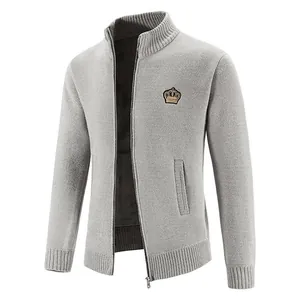 Men's grey knit cardigan jacket with stand collar and crown embroidery detail