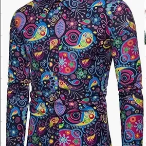 Men's trendy ethnic paisley printed long sleeve button-up shirt in vibrant colors.