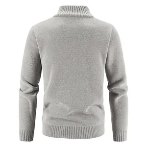 Back view of grey men's knit cardigan jacket with ribbed collar and hem detail
