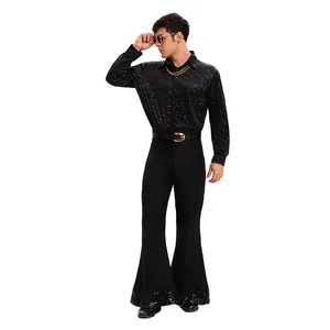 Adult men's vintage 70s disco hippie costume with sequin shirt and bell-bottom pants