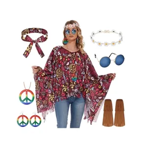 Set completo costume hippie donna con poncho tie-dye e vari accessori anni '60 '70