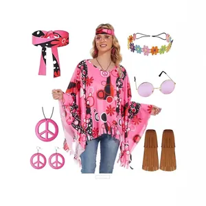 Set completo costume hippie donna con poncho rosa e accessori peace & love per Halloween