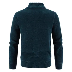 Detailed back view of a men's teal blue fleece-lined knitted cardigan sweater jacket.