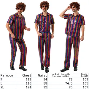 Comprehensive size chart for retro 80s disco performance costume with rainbow sequins