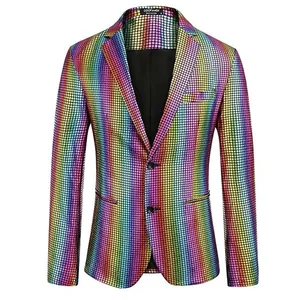 Detailed macro shot of a shiny rainbow sequin blazer for stage and party performance.