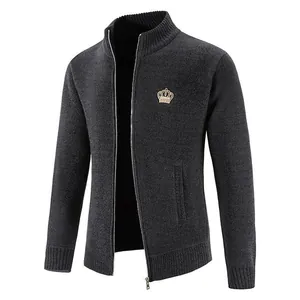 Men's dark grey knitted cardigan jacket with warm fleece lining and crown detail