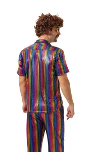 Back view of a retro 80s disco stage costume featuring a vibrant rainbow checkered pattern