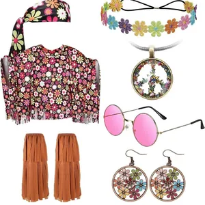Set costume hippie donna con poncho floreale, fascia, occhiali e collana segno pace.