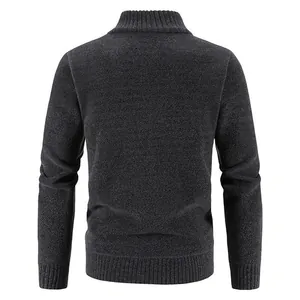 Back view of a charcoal grey knitted men's cardigan with ribbed texture.