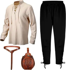 Men's Renaissance Viking pirate costume set with shirt, pants, belt and pouch accessories