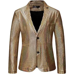 Macro detail view of a shiny gold checkered sequin blazer for men stage party performance