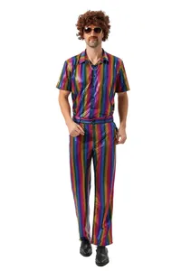 Male model wearing a full 80s retro disco rainbow grid sequin stage performance costume