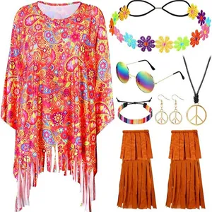 Costume completo da hippie per donna con poncho paisley e accessori retrò colorati