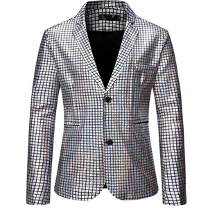 Close-up of silver sequined blazer with grid pattern for stage performance.