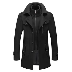 Premium black men's business wool coat featuring a double collar for winter warmth