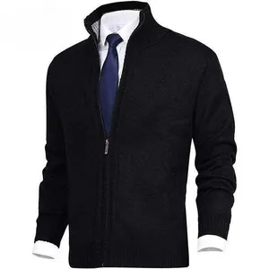 Classic men's black stand collar knit cardigan sweater with warm fleece lining and zipper