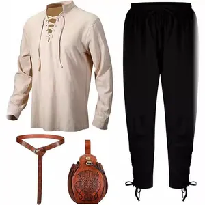 Detailed view of men's Renaissance pirate costume with shirt, pants, belt and pouch