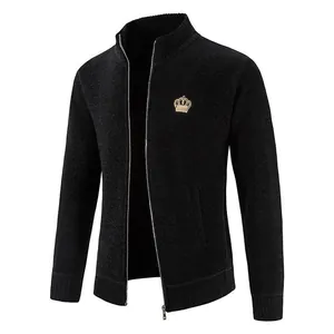 Front view of black men's knit cardigan jacket with golden crown logo and zipper