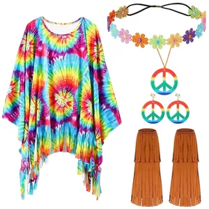 Costume da hippie per donna con poncho tie-dye e accessori per feste di Halloween