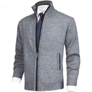 Classic men's thick fleece-lined knitted cardigan sweater with stand collar in grey
