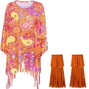 Set costume hippie da donna con poncho tie-dye con frange e scaldamuscoli marroni.