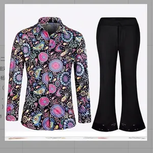 Men's 70s disco costume set with vintage floral shirt and black flared pants