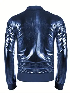 Vista trasera de la chaqueta metálica azul brillante para hombre, estilo disco años 70