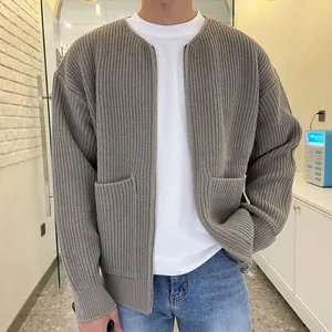 Men's oversized chunky rib-knit cardigan in neutral greyish-brown, detail fit view