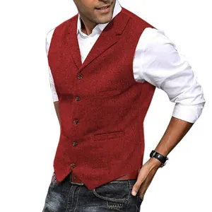 Detail view of men's red herringbone woolen waistcoat featuring a slim fit design