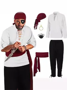 Men Pirate Costume Set Renaissance Viking Shirt And Pants Top And Bottom Halloween Cosplay Medieval Outfit Polyester For Men