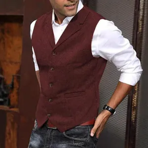 Men British Vintage Herringbone Woolen Suit Vest Slim Fit V-Neck Business Casual Gilet For Wedding Party Formal Office Wear