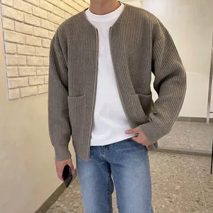 Men's oversized khaki ribbed knit cardigan sweater with double zipper and pockets detail