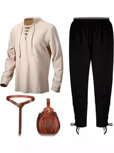 Men's Renaissance pirate costume set with lace-up shirt, pants, belt and pouch