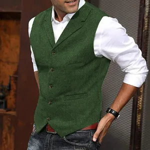 Elegant green herringbone wool business vest for men with a slim fit and lapel collar