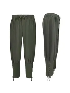 Dark green men's Renaissance pirate Viking pants with lace-up ankles for Halloween costume